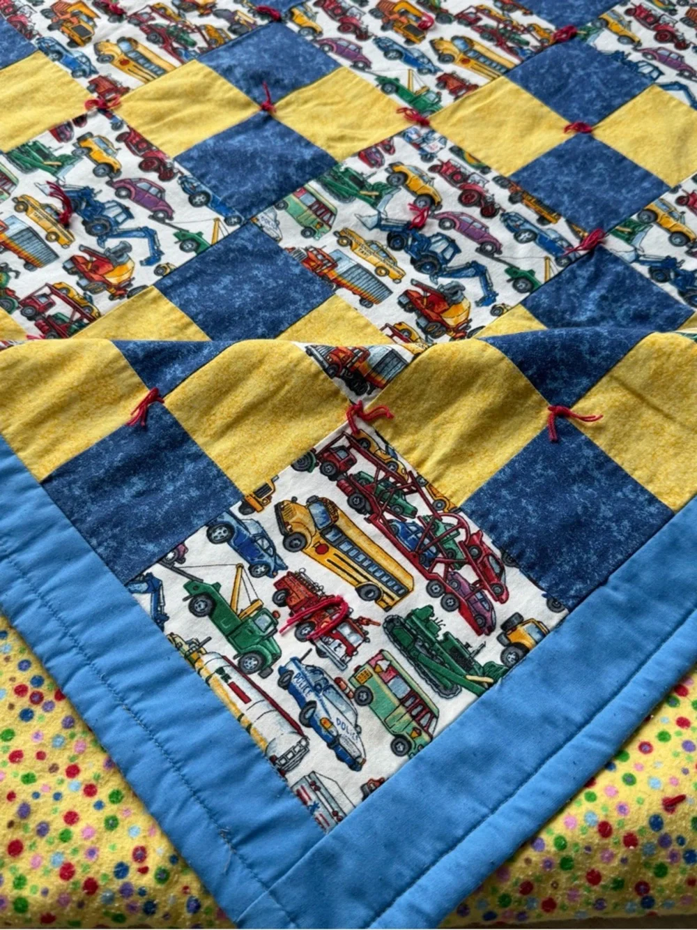 Handmade Kids Vehicle Patchwork Quilt - Yellow & Blue